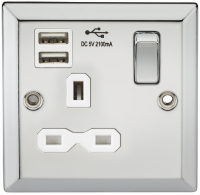 Knightsbridge 13A 1G Switched Socket Dual USB Charger Slots with White Insert - Bevelled Edge Polished Chrome - (CV91PCW)