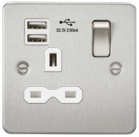 Knightsbridge Flat plate 13A 1G switched socket with dual USB charger (2.1A) - brushed chrome with white insert (FPR9901BCW)