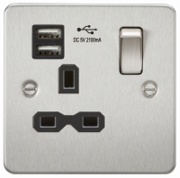 Knightsbridge Flat plate 13A 1G switched socket with dual USB charger (2.1A) - brushed chrome with black insert - (FPR9901BC)