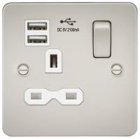 Knightsbridge Flat plate 13A 1G switched socket with dual USB charger (2.1A) - pearl with white insert (FPR9901PLW)