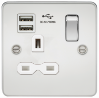 Knightsbridge Flat plate 13A 1G switched socket with dual USB charger (2.1A) - polished chrome with white insert - (FPR9901PCW)