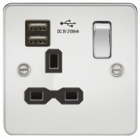 Knightsbridge Flat plate 13A 1G switched socket with dual USB charger (2.1A) - polished chrome with black insert - (FPR9901PC)
