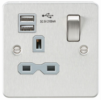 Knightsbridge Flat plate 13A 1G switched socket with dual USB charger (2.1A) - brushed chrome with grey insert - (FPR9901BCG)