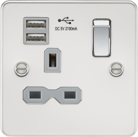Knightsbridge Flat plate 13A 1G switched socket with dual USB charger (2.1A) - polished chrome with grey insert (FPR9901PCG)