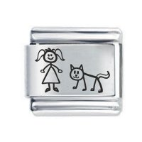 Daisy Charm - Etched Stick Girl & Cat * 9mm Classic Italian charm