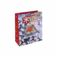 Christmas Robin & Berries Medium Gift Bag Glitter - Eurowrap 21x25x10cm