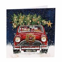 Charity Christmas Card Pack - 6 Cards - Xmas Classic Mini Car & Tree - Glitter Shelter