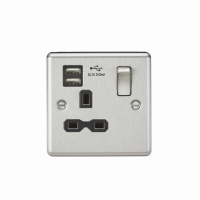 Knightsbridge 13A 1G Switched Socket Dual USB Charger Slots with Black Insert - Rounded Edge Brushed Chrome - (CL91BC)