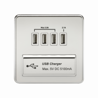Knightsbridge Screwless Quad USB Charger Outlet (5.1A) - Polished Chrome with White Insert - (SFQUADPCW)