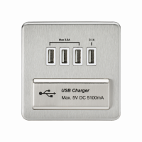 Knightsbridge Screwless Quad USB Charger Outlet (5.1A) - Brushed Chrome with White Insert - (SFQUADBCW)