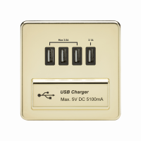 Knightsbridge Screwless Quad USB Charger Outlet (5.1A) - Polished Brass with Black Insert - (SFQUADPB)