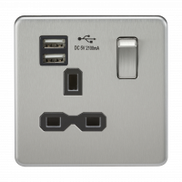 Knightsbridge Screwless 13A 1G switched socket with dual USB charger (2.1A) - brushed chrome with black insert - (SFR9901BC)