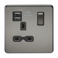 Knightsbridge Screwless 13A 1G switched socket with dual USB charger (2.1A) - black nickel with black insert - (SFR9901BN)