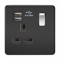 Knightsbridge Screwless 13A 1G switched socket with dual USB charger (2.1A) - matt black with chrome rocker - (SFR9901MB)