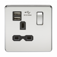 Knightsbridge Screwless 13A 1G switched socket with dual USB charger (2.1A) - polished chrome with black insert - (SFR9901PC)