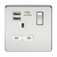 Knightsbridge Screwless 13A 1G switched socket with dual USB charger (2.1A) - polished chrome with white insert - (SFR9901PCW)