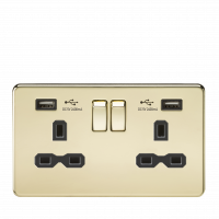 Knightsbridge 13A 2G Switched Socket with Dual USB Charger (2.4A) - Polished Brass with Black Insert (SFR9224PB)