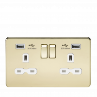 Knightsbridge 13A 2G Switched Socket with Dual USB Charger (2.4A) - Polished Brass with White Insert (SFR9224PBW)