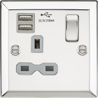 Knightsbridge 13A 1G Switched Socket Dual USB Charger Slots with Grey Insert - Bevelled Edge Polished Chrome - (CV91PCG)