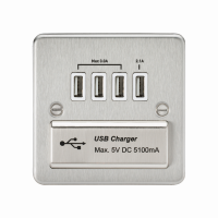Knightsbridge Flat Plate Quad USB charger outlet - Brushed chrome with white insert (FPQUADBCW)