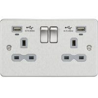 Knightsbridge Flat plate 13A Smart 2G switched socket with USB chargers (2.4A) - Brushed Chrome with grey insert (FPR9904NBCG)