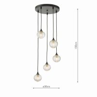 Federico 5 Light Cluster Pendant Black Clear Ribbed Glass