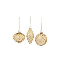 Premier Decorations 80-110mm Shiny Champagne Gold with Detail Glass Bauble - Assorted