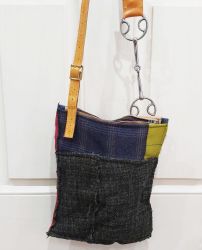 Wilkie Snaffle Bit Yellow Leather Blue Tweed Handbag Upcycled - Joey D