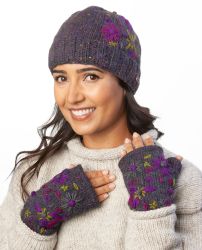 Pure Wool Hand embroidered beanie - heather purple