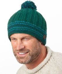 Pure Wool Hand knit - Rib Line Bobble Hat - Emerald