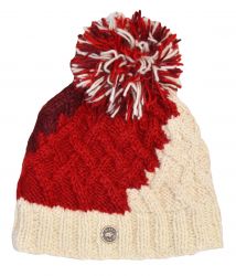 Pure Wool Hand knit - lattice step bobble hat - Reds/cream