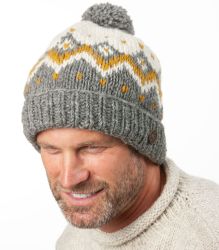 Pure Wool Hand knit - Turn Up Diamonds Bobble Hat - Mustard