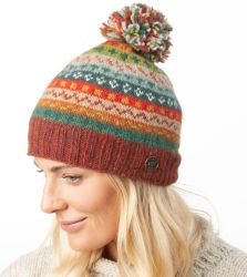 Pure Wool Hand Knit - Fair Isle Bobble Hat - Rust Heather