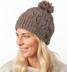 Leaf bobble hat - hand knitted - pure wool - fleece lining - pale heather