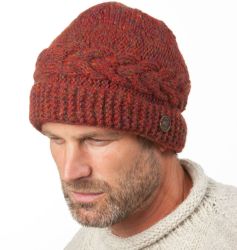 Pure Wool Hand Knit - Rope Cable Beanie - Rust Heather