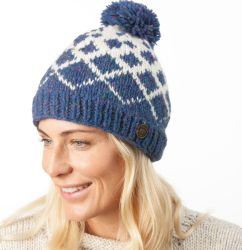 Pure Wool Hand knit - Graduated Diamond Bobble Hat - Blue Heather