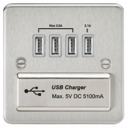 Knightsbridge Flat Plate Quad USB charger outlet - Brushed chrome with grey insert - (FPQUADBCG)