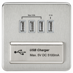 Knightsbridge Screwless Quad USB Charger Outlet (5.1A) - Brushed Chrome with Grey Insert (SFQUADBCG)