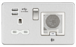 Knightsbridge Screwless 13A socket, USB chargers (2.4A) and Bluetooth Speaker - Brushed chrome with white insert - (SFR9905BCW)