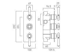 Booth & Co. Axbridge Cross 2 Outlet, 3 Handle Concealed Thermostatic Valve - Chrome