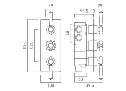 Booth & Co. Axbridge Cross 3 Outlet, 3 Handle Concealed Thermostatic Valve - Chrome