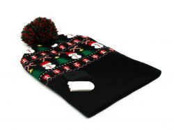 Snowman Black Christmas Beanie Hat Light Up - Free Holly Gift Bag - Snazzy Santa