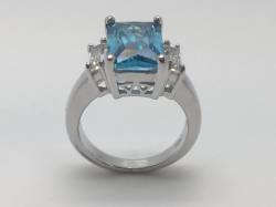 Silver Cz Blue Topaz  Ring 3 Cz Shoulders