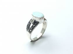 Silver Created Opal and Marcasite Ring