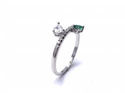 Silver Clear & Green CZ Pear Shaped 2 Stone Ring