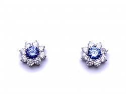Silver Blue & White CZ Flower Cluster Earrings
