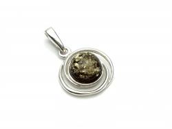 Silver Double Circle Green Amber Pendant 22x19mm