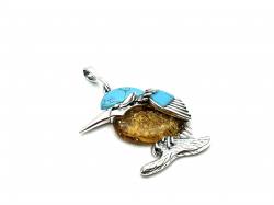 Silver Amber & Turquoise Kingfisher Pendant