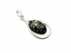 Silver Green Amber Oval Pendant 36x17mm