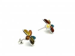 Silver Multi Amber & Turquoise Flower Stud Earring